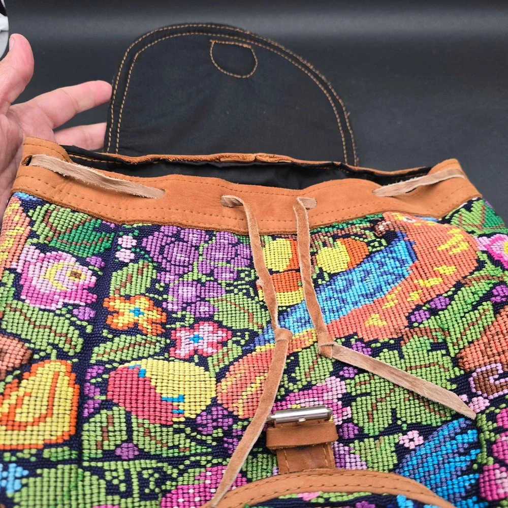 Guatemalan Huipil Hand Woven Bird Tapestry Floral Boho Bag Backpack Leather